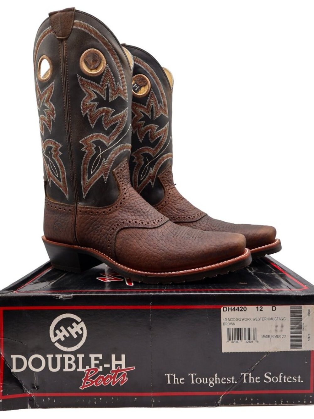 Vintage Double-H Boots Mens 12 D Brown Leather 13" Mod Sq Work Western DH4420 NW